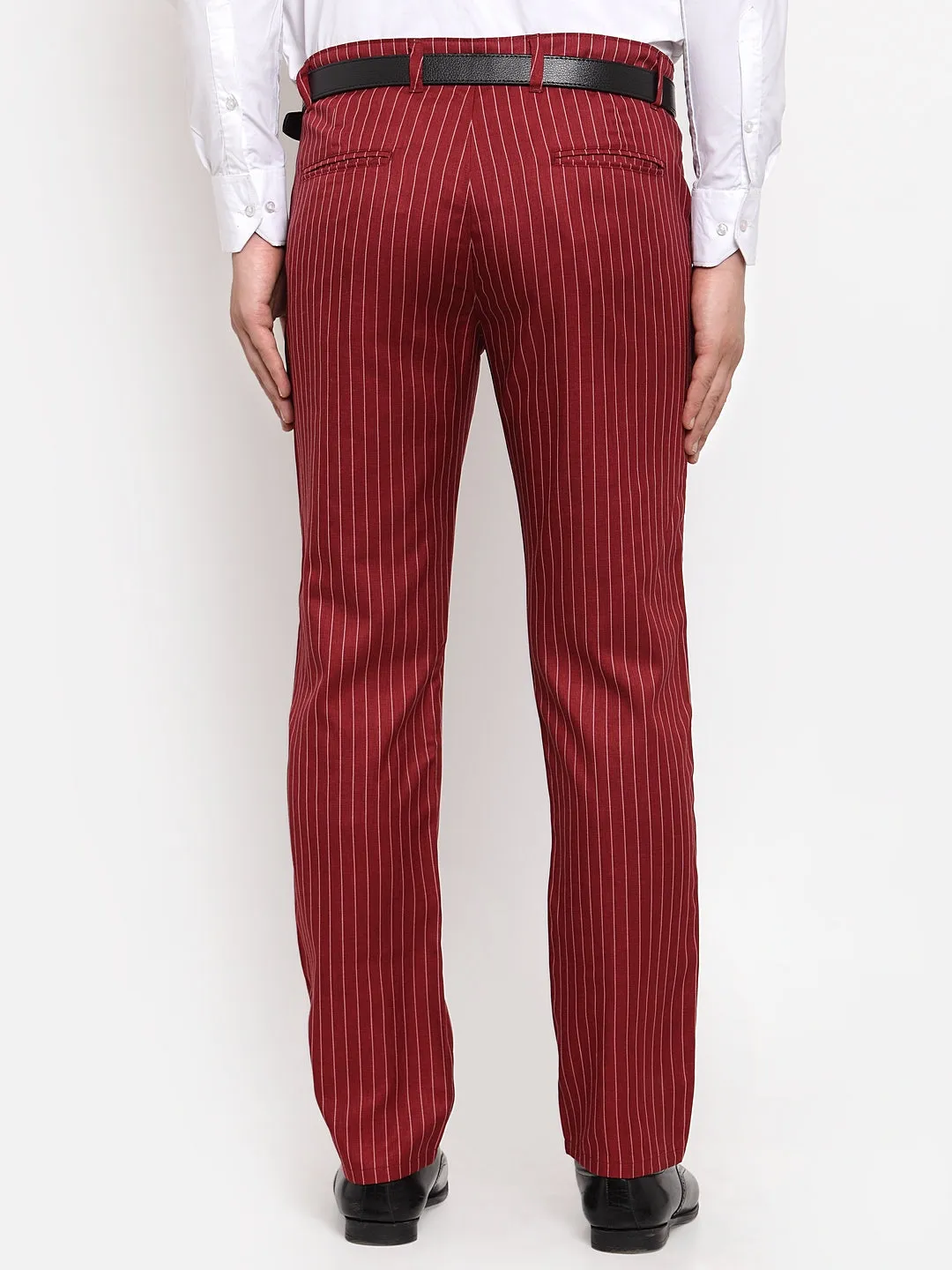 Men's Red Cotton Striped Formal Trousers ( FGP 255Maroon ) - Jainish
