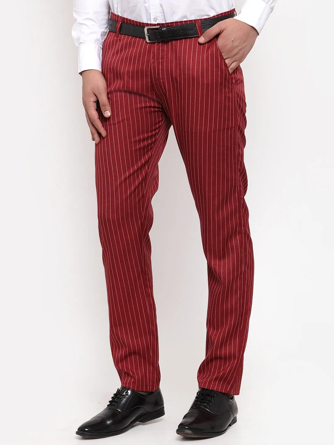 Men's Red Cotton Striped Formal Trousers ( FGP 255Maroon ) - Jainish