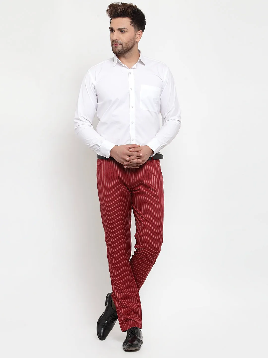 Men's Red Cotton Striped Formal Trousers ( FGP 255Maroon ) - Jainish