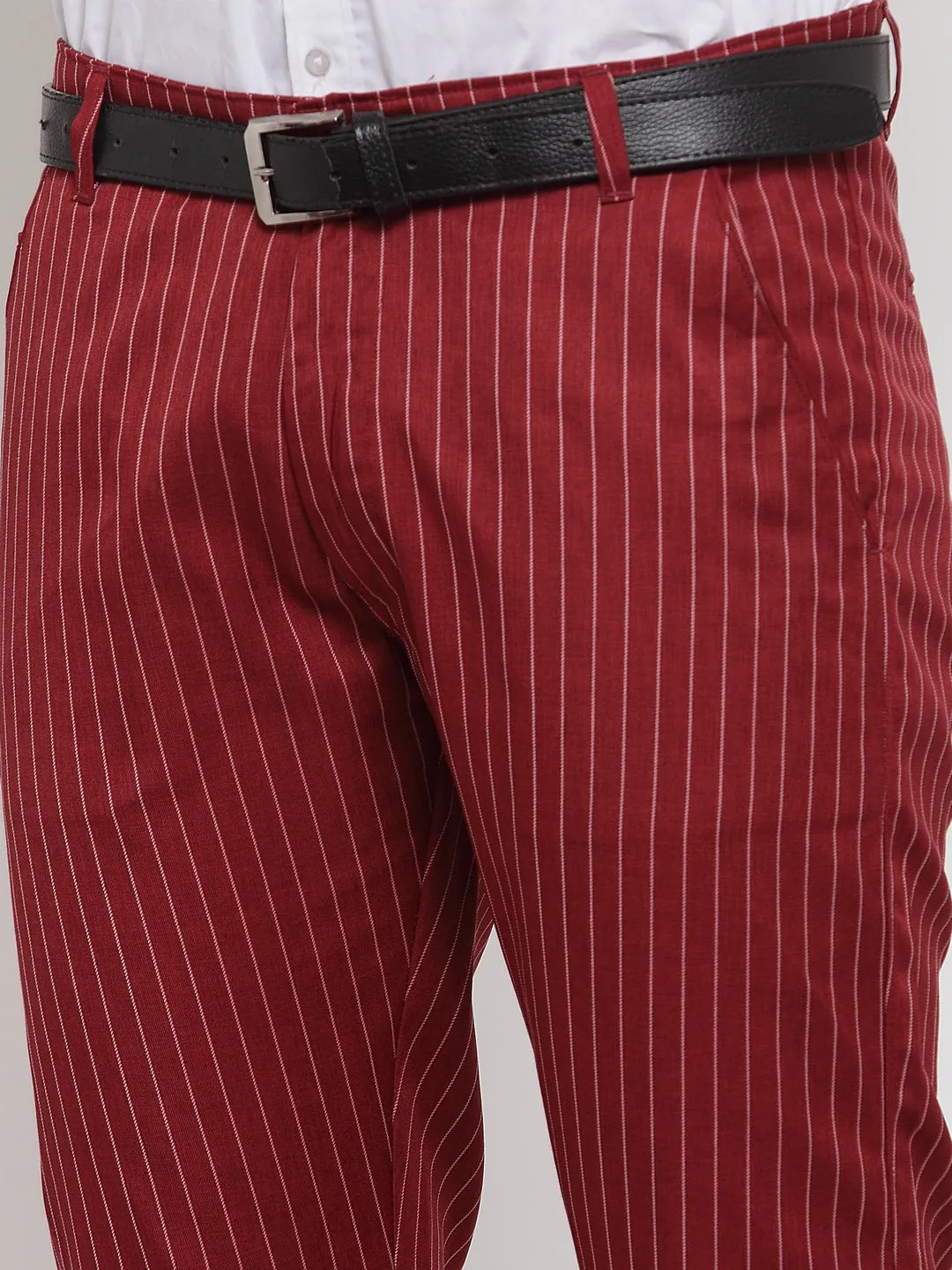 Men's Red Cotton Striped Formal Trousers ( FGP 255Maroon ) - Jainish