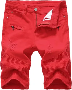 Men's Ripped Distressed Denim Shorts Wrinkle Moto Denim Shorts Zipper Pants Slim Fit Shorts with Pockets
