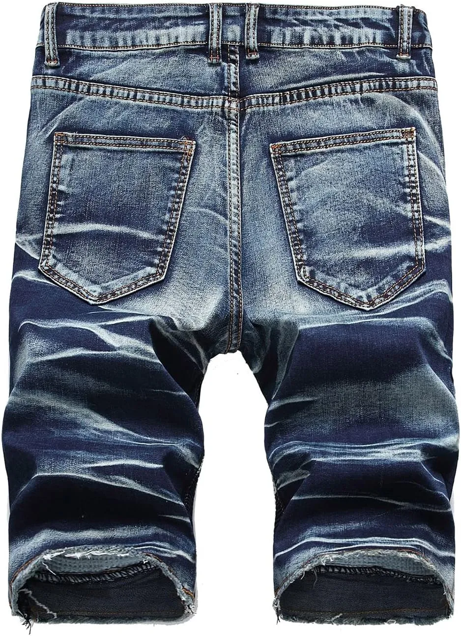 Men's Ripped Distressed Denim Shorts Wrinkle Moto Denim Shorts Zipper Pants Slim Fit Shorts with Pockets