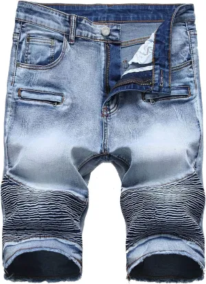 Men's Ripped Distressed Denim Shorts Wrinkle Moto Denim Shorts Zipper Pants Slim Fit Shorts with Pockets