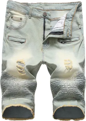 Men's Ripped Distressed Denim Shorts Wrinkle Moto Denim Shorts Zipper Pants Slim Fit Shorts with Pockets