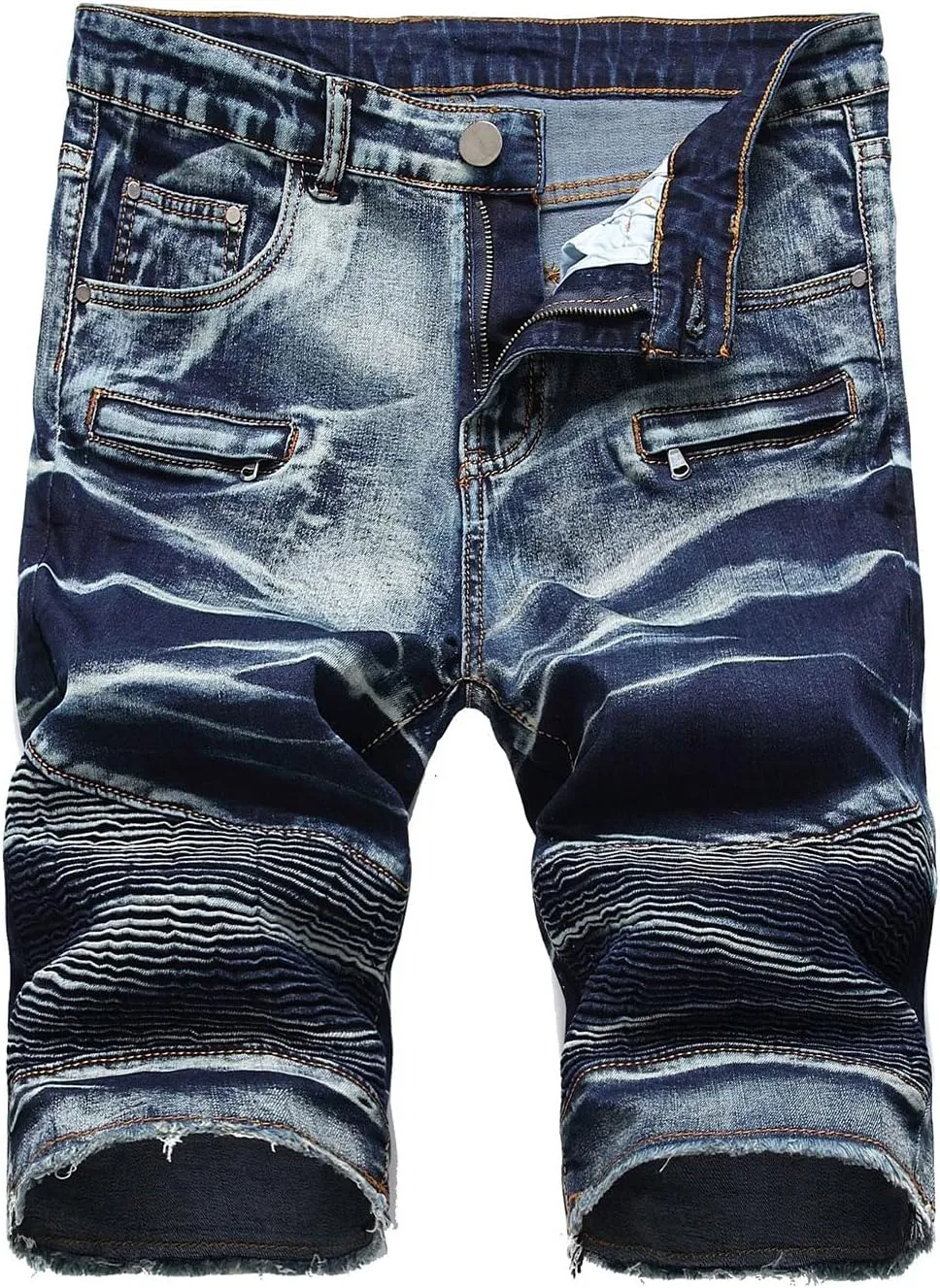 Men's Ripped Distressed Denim Shorts Wrinkle Moto Denim Shorts Zipper Pants Slim Fit Shorts with Pockets