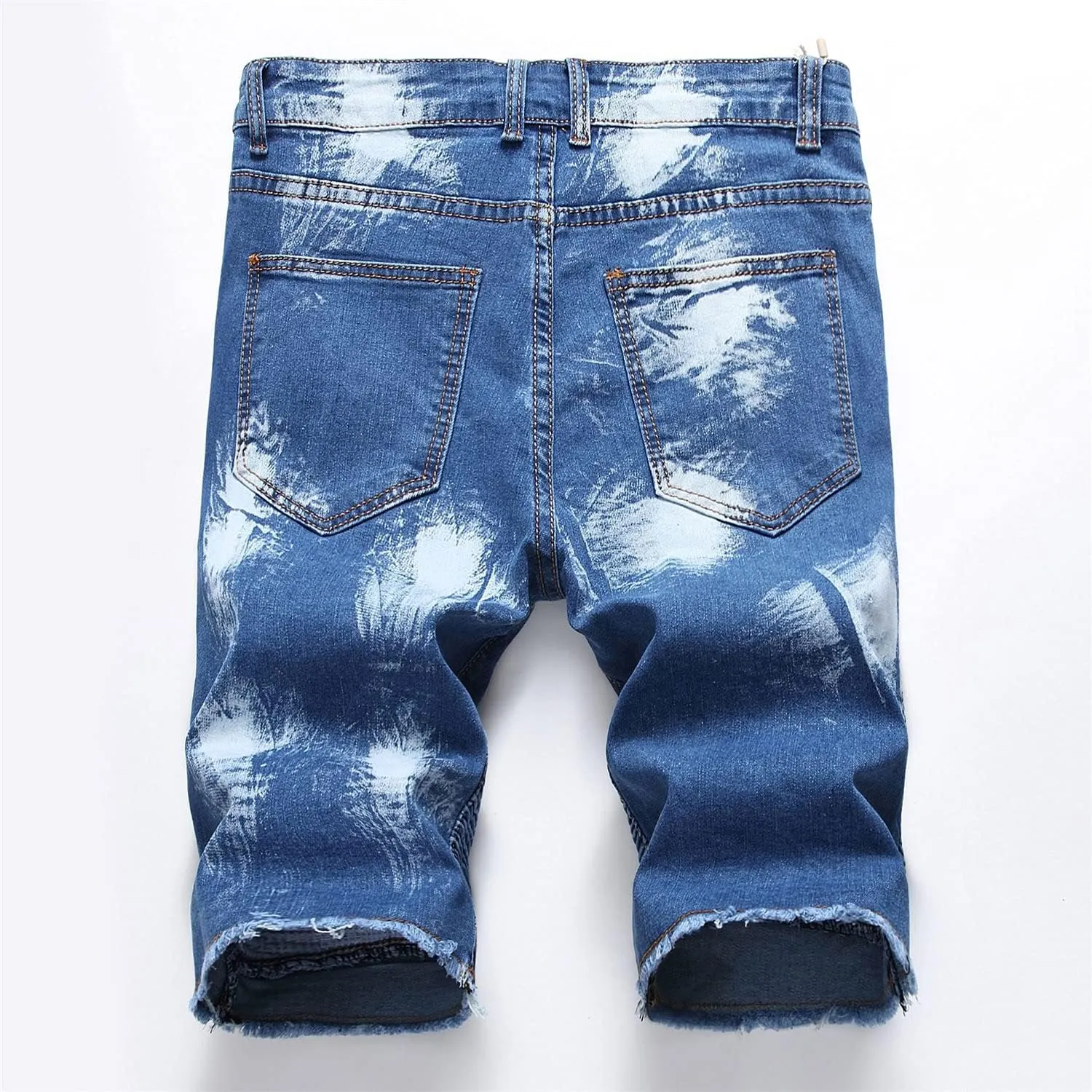 Men's Ripped Distressed Denim Shorts Wrinkle Moto Denim Shorts Zipper Pants Slim Fit Shorts with Pockets