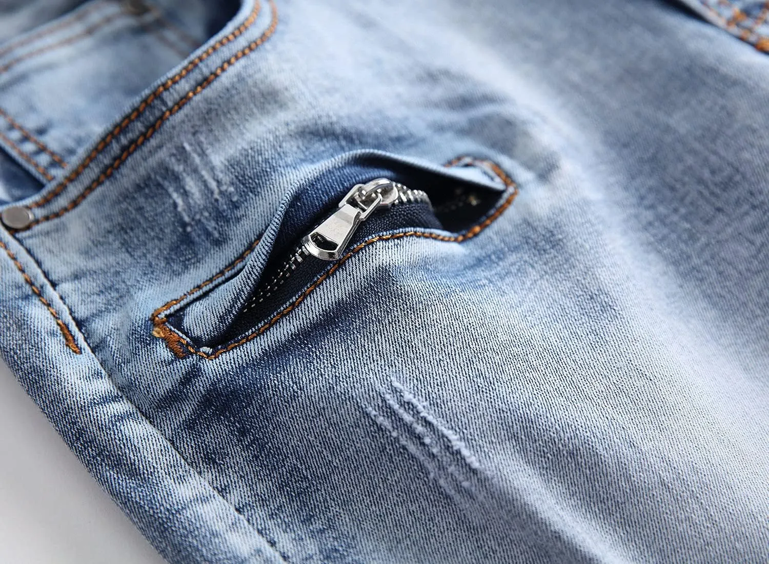 Men's Ripped Distressed Denim Shorts Wrinkle Moto Denim Shorts Zipper Pants Slim Fit Shorts with Pockets