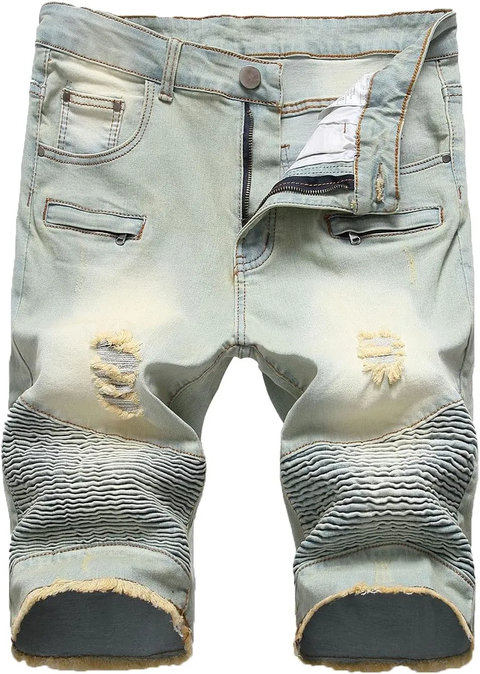 Men's Ripped Distressed Denim Shorts Wrinkle Moto Denim Shorts Zipper Pants Slim Fit Shorts with Pockets