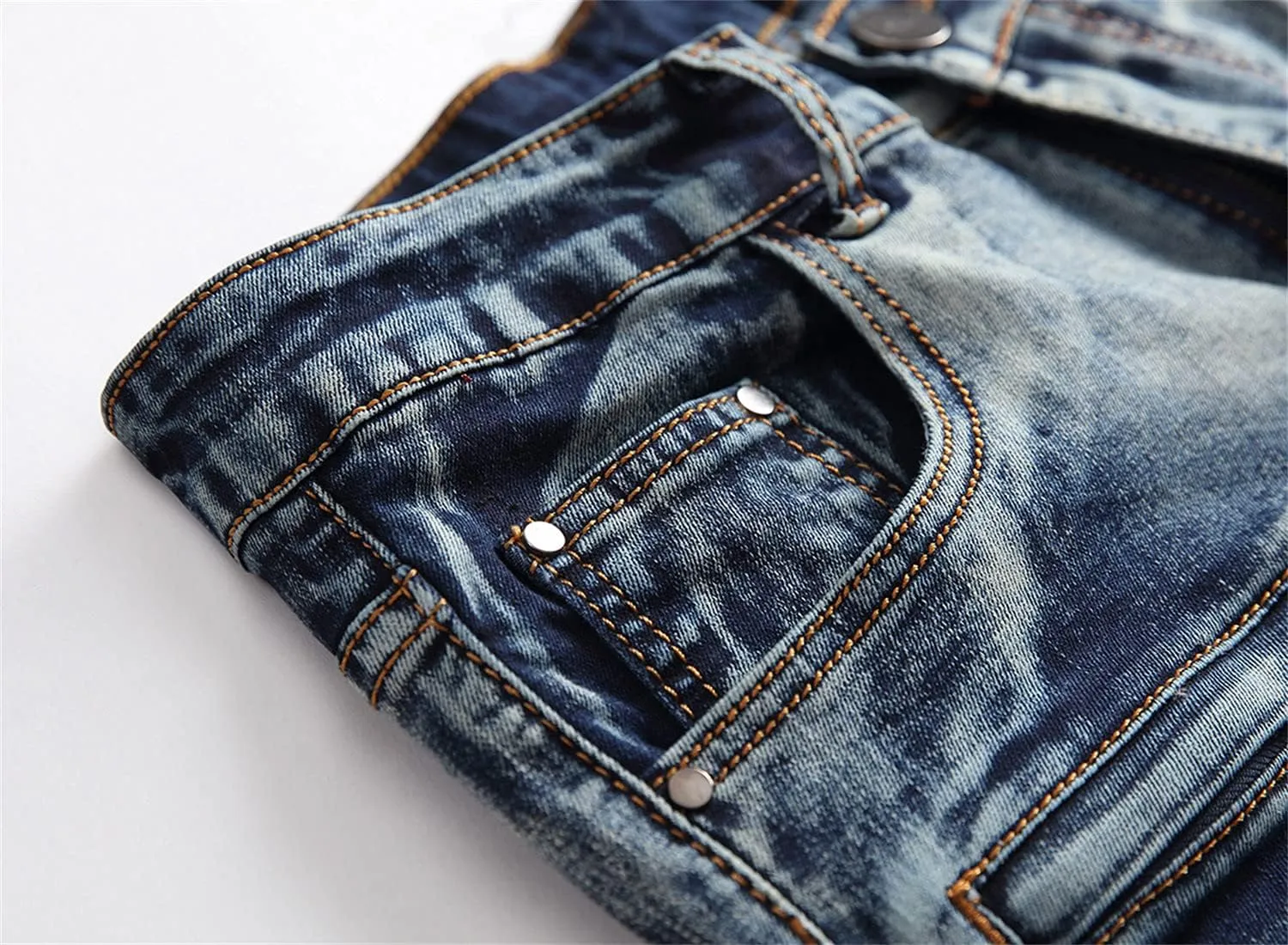 Men's Ripped Distressed Denim Shorts Wrinkle Moto Denim Shorts Zipper Pants Slim Fit Shorts with Pockets
