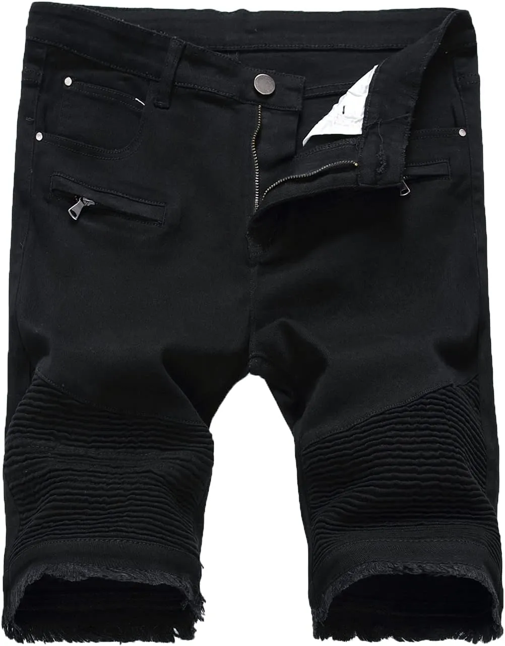 Men's Ripped Distressed Denim Shorts Wrinkle Moto Denim Shorts Zipper Pants Slim Fit Shorts with Pockets