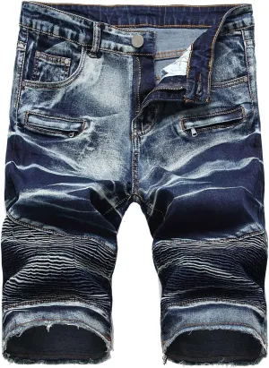 Men's Ripped Distressed Denim Shorts Wrinkle Moto Denim Shorts Zipper Pants Slim Fit Shorts with Pockets