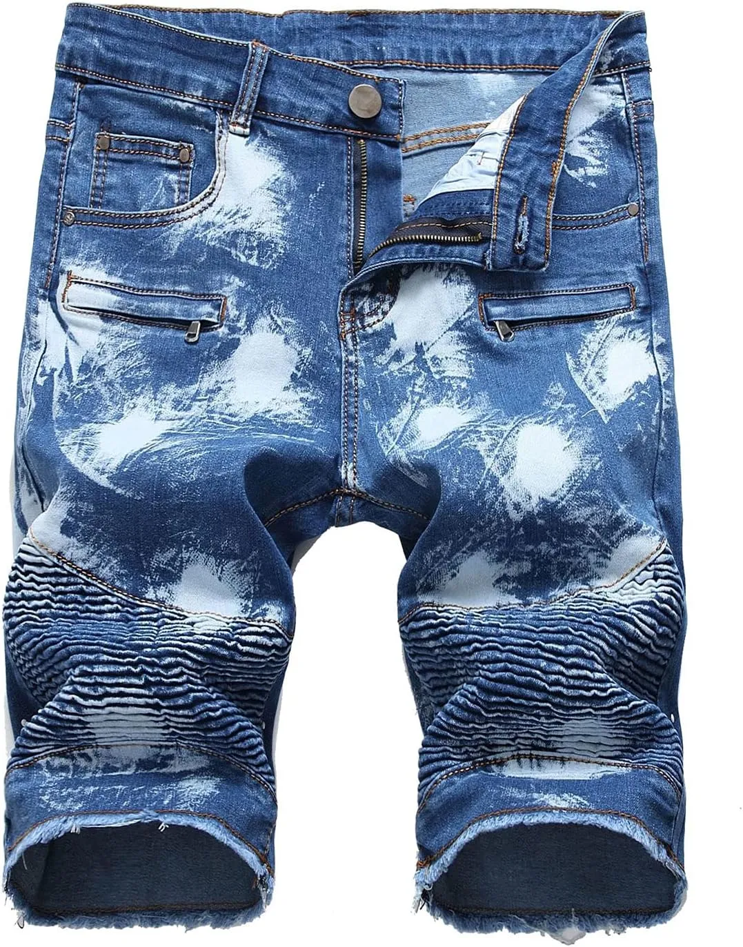 Men's Ripped Distressed Denim Shorts Wrinkle Moto Denim Shorts Zipper Pants Slim Fit Shorts with Pockets