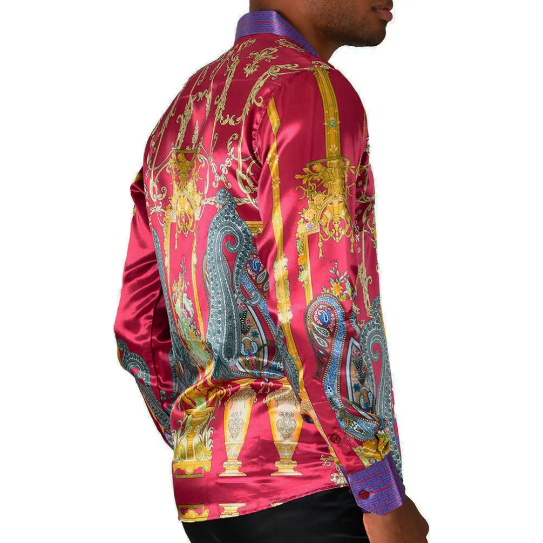 Men's Silky Long Sleeve Button Down Dress Shirt Purple Colorful Large Paisley Jewels