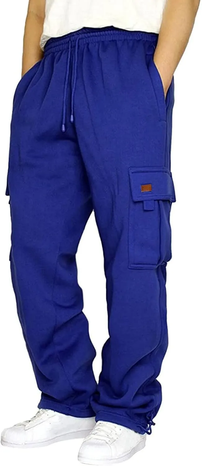 Mens Travel Cargo Pants Comfy Elastic Waist Pants with Multi-Pocket Loose Drawstring Lightweight Trousers