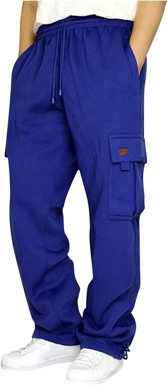 Mens Travel Cargo Pants Comfy Elastic Waist Pants with Multi-Pocket Loose Drawstring Lightweight Trousers
