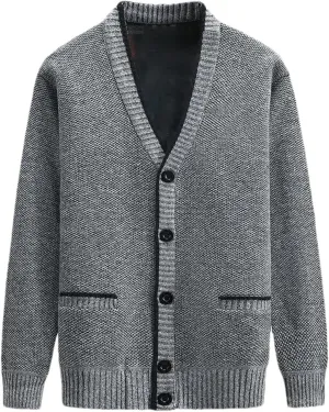 Men's V Neck Cardigan Sweaters Black Thick Slim Fit Button Down Knitted Sweater Coats with Pocket