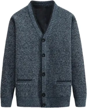 Men's V Neck Cardigan Sweaters Black Thick Slim Fit Button Down Knitted Sweater Coats with Pocket