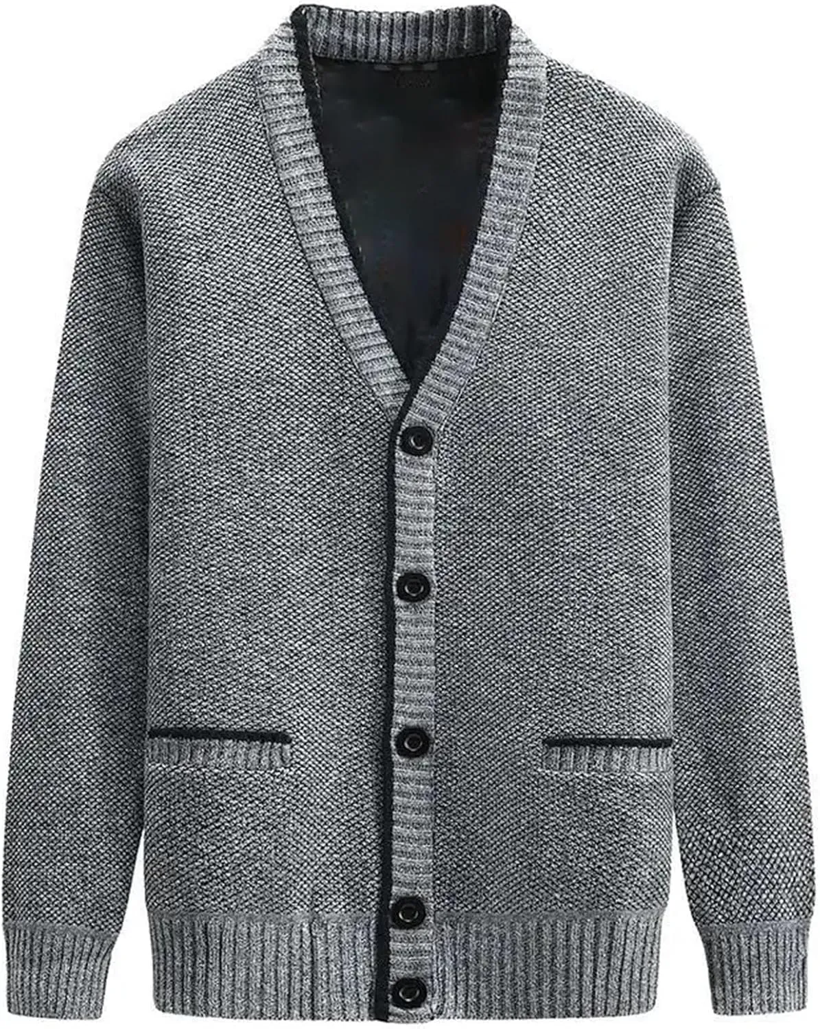Men's V Neck Cardigan Sweaters Black Thick Slim Fit Button Down Knitted Sweater Coats with Pocket