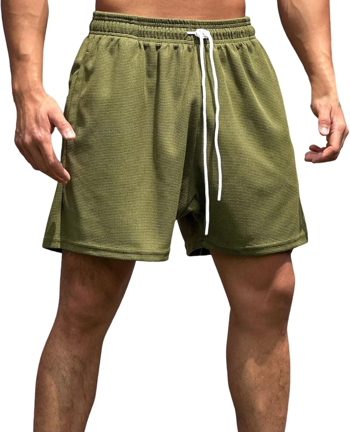 Men's Waffle Athletic Shorts Elastic Waist Drawstring Shorts Summer Baggy Sweat Shorts Lounge Jogger Shorts