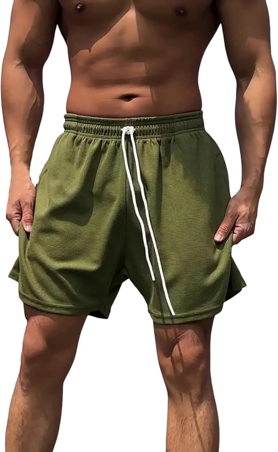 Men's Waffle Athletic Shorts Elastic Waist Drawstring Shorts Summer Baggy Sweat Shorts Lounge Jogger Shorts