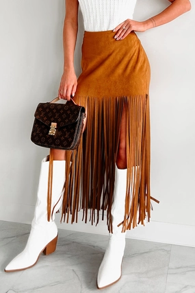 Spring Must Have Merla Faux Suede Fringe Skirt (Camel)