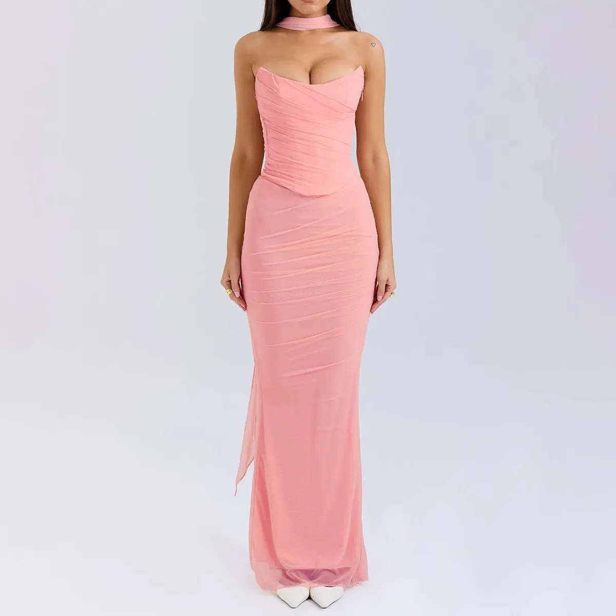 Mesh Corset And Midi Skirt Two Piece Set