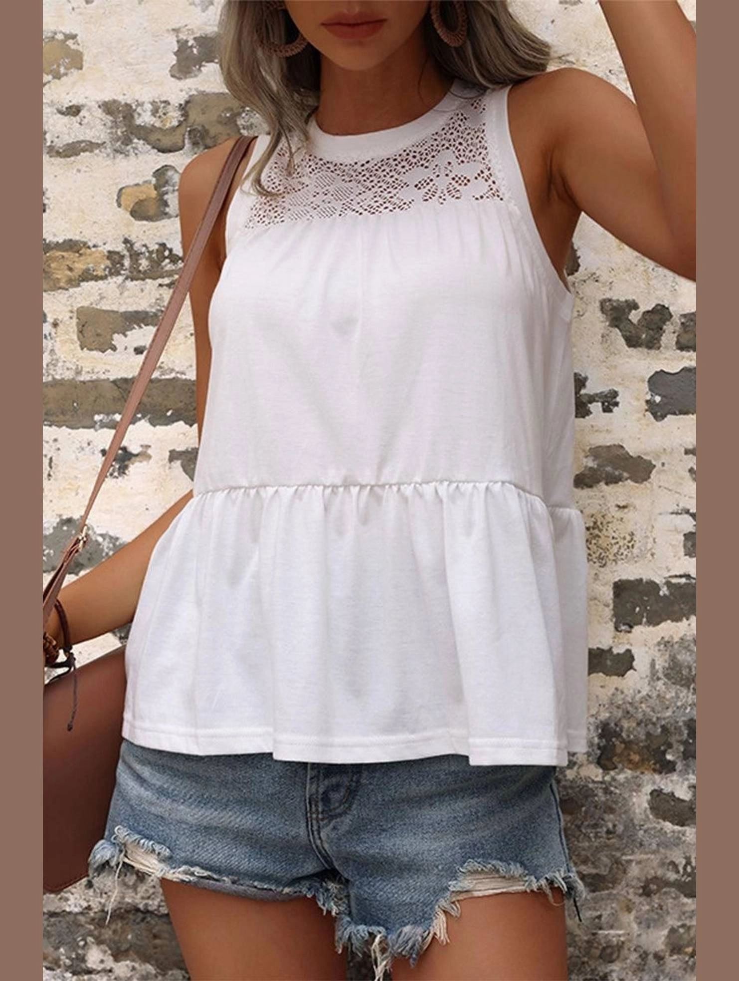 MESH LACED NECK TIERED SLEEVELESS TUNIC TOP Wrinkle Resistant Winter Fashion