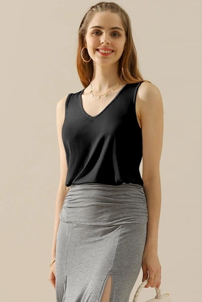 V NECK WIDE SLEEVELESS SOLID TEE SHIRTS TOPS AntiStatic Weave