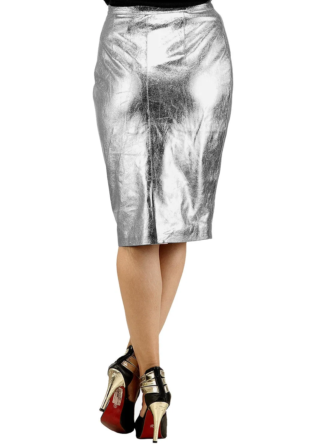 Metallic Foiled Leather Knee Length Skirt