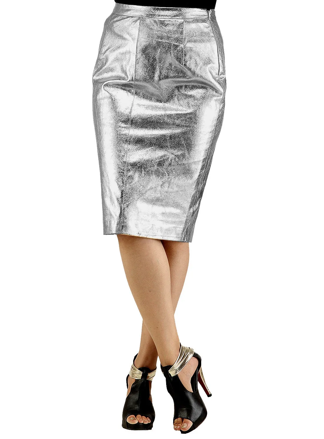 Metallic Foiled Leather Knee Length Skirt
