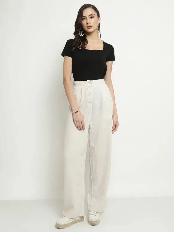 Mettle Women Striped Mid Raise Cotton Parallel Trousers