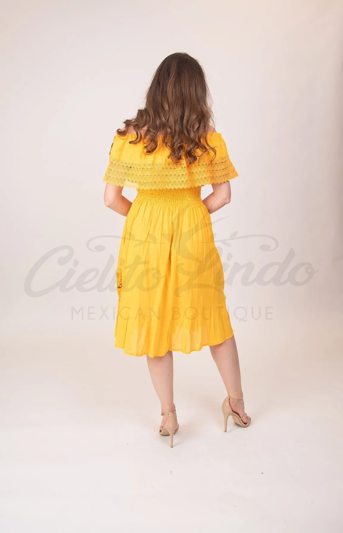 Mexican Campesina Midi Dress Yellow