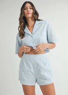 MIA EMBROIDERED BLUE SHORTS Reinforced Hemlines Chic Comfort