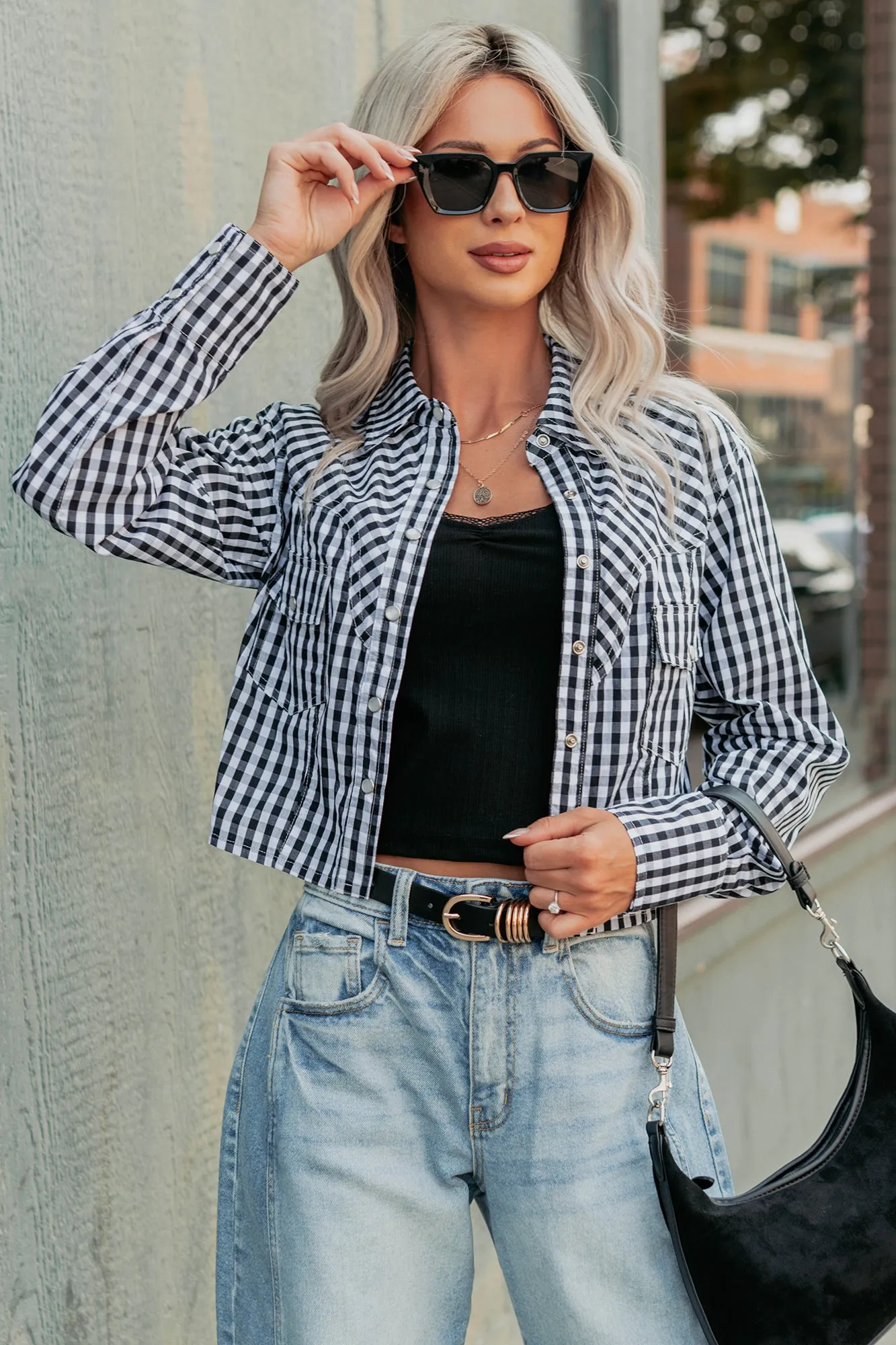 AdjustableNeckline Morning Markets Signature 8 Gingham Crop Shirt (Black)