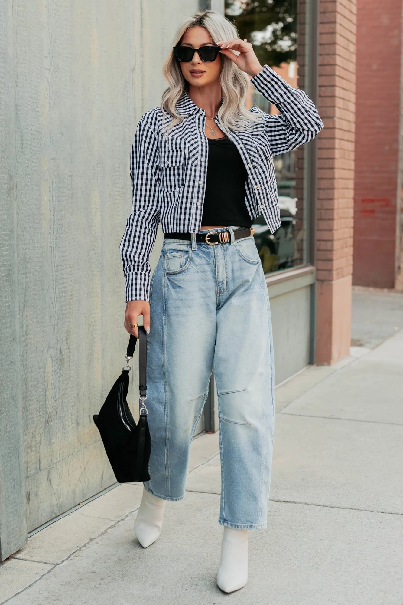 Morning Markets Signature 8 Gingham Crop Shirt (Black) Basic Long Sleeve LowImpact Dye Process