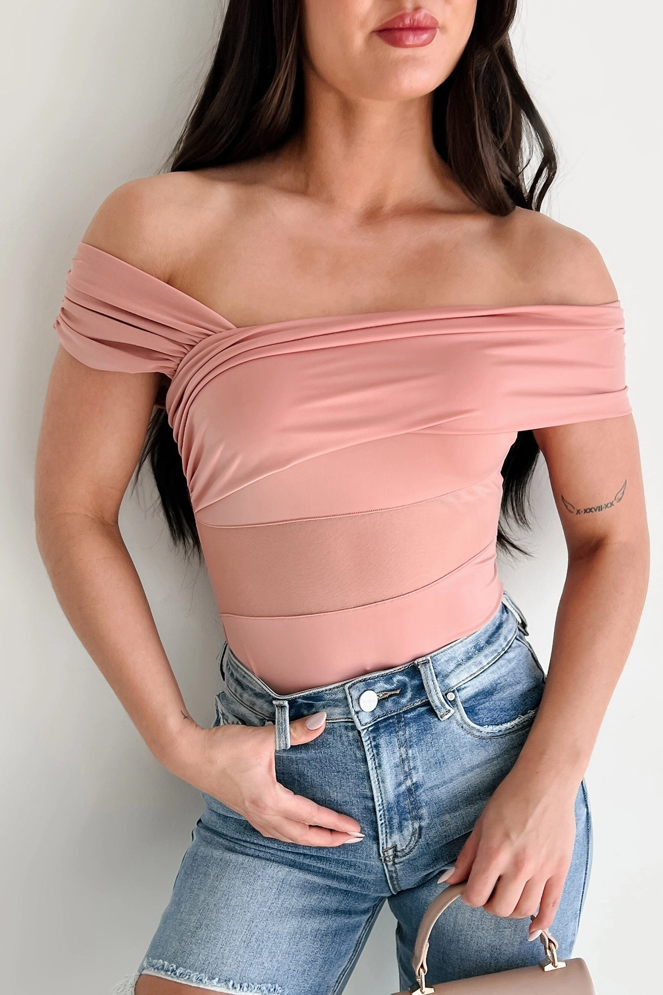 Heartfelt Moments Asymmetric Bodysuit (Mauve) Multipanel Construction Softened Edges