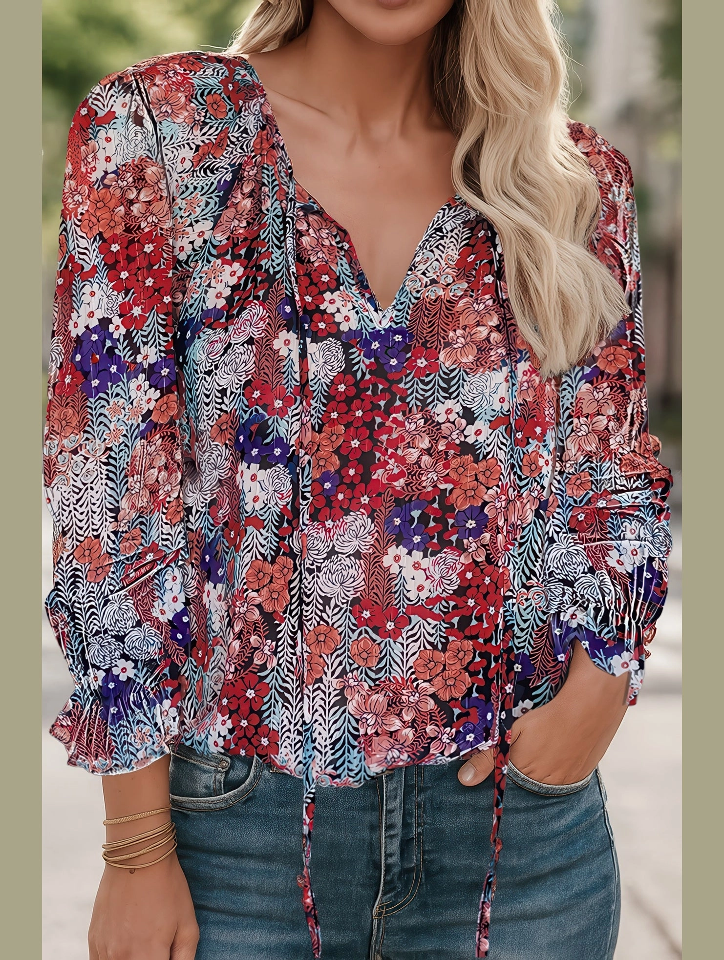 Floral Printed V-Neck Shirt ??Lightweight Elegant Women's Top Yarn Dye Stripe