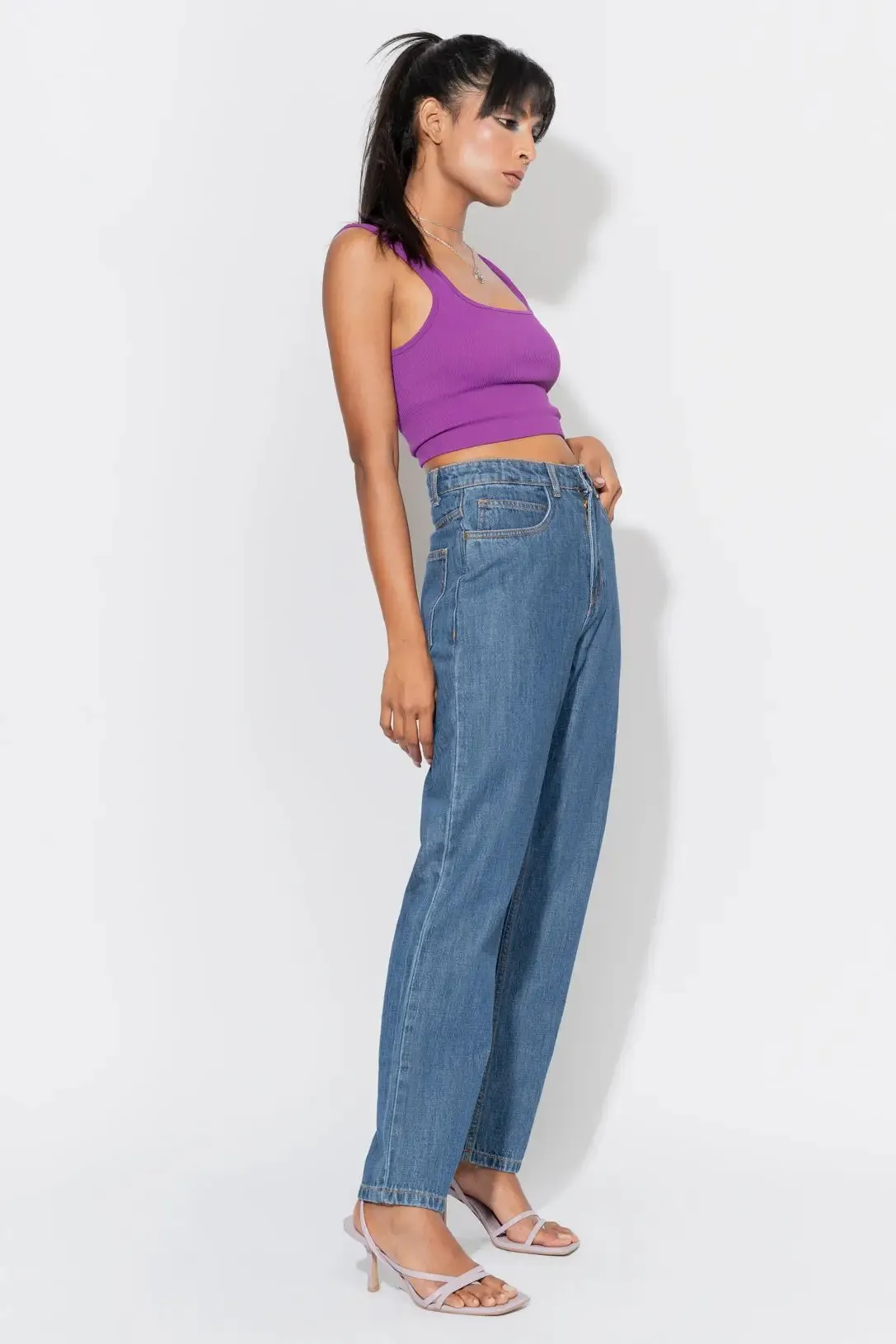 Mid Blue High Waist Mom Fit Jeans
