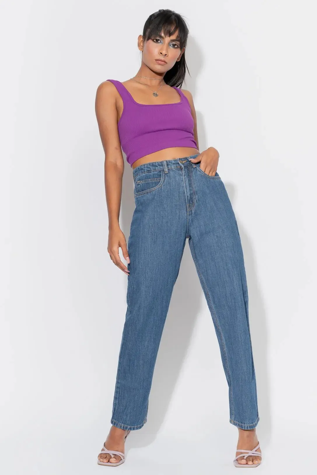 Mid Blue High Waist Mom Fit Jeans