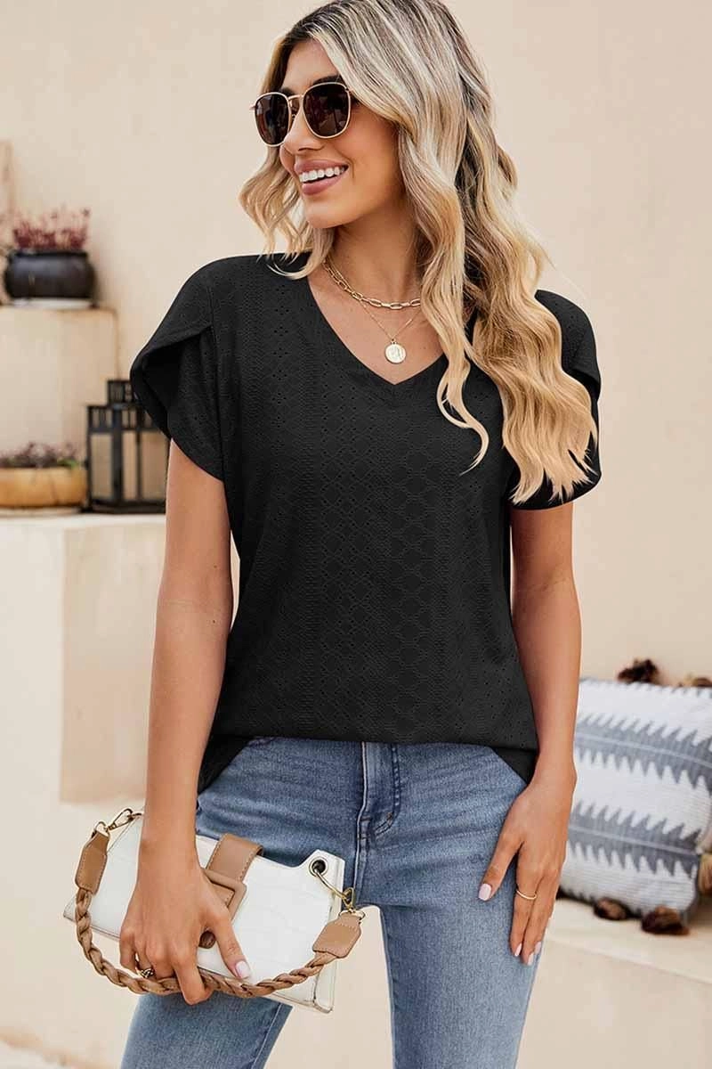 PUNCHING LACE TULIP PUFF V NECK T-SHIRTS Adjustable Hem Toggles