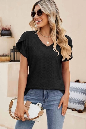 PUNCHING LACE TULIP PUFF V NECK T-SHIRTS Adjustable Hem Toggles