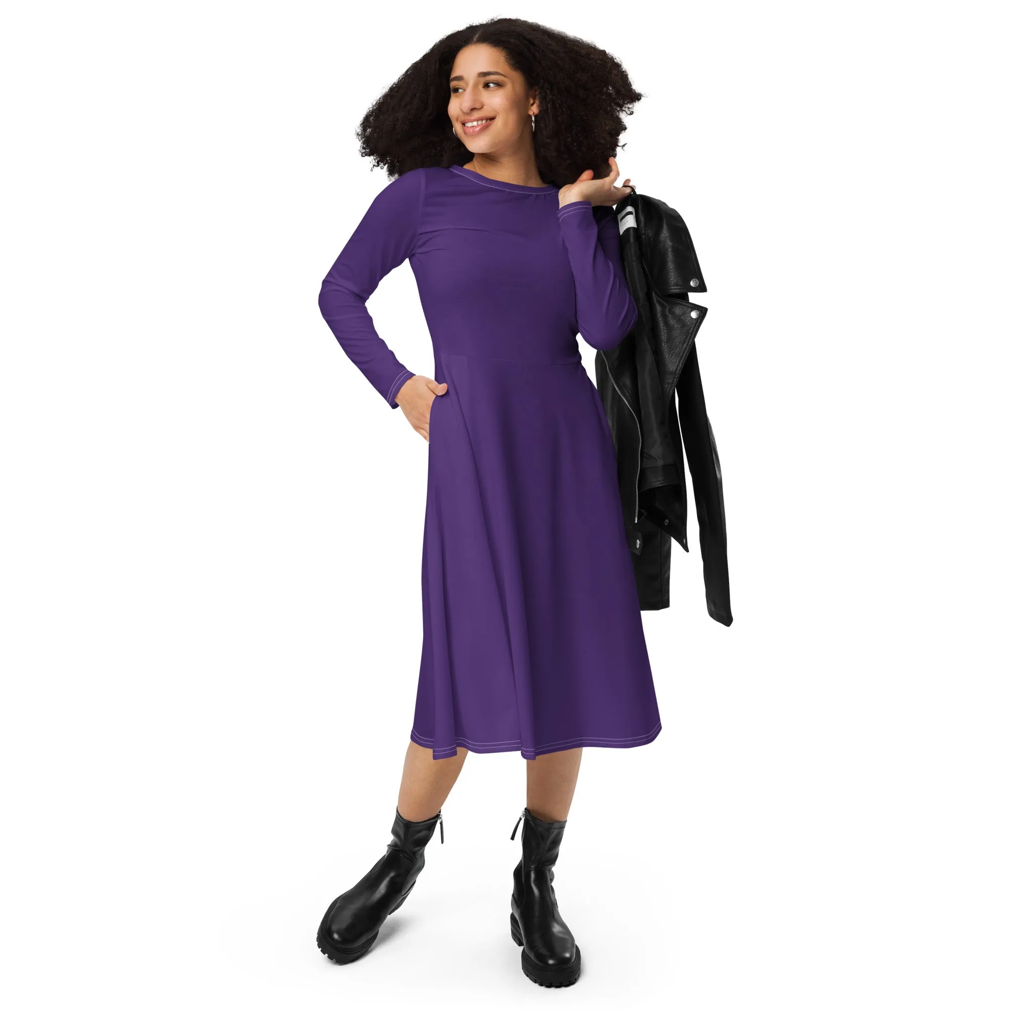 Midi Dress Long Sleeve Colour Purple (Glamourange Colour Midi Dress Long Sleeve for Women)