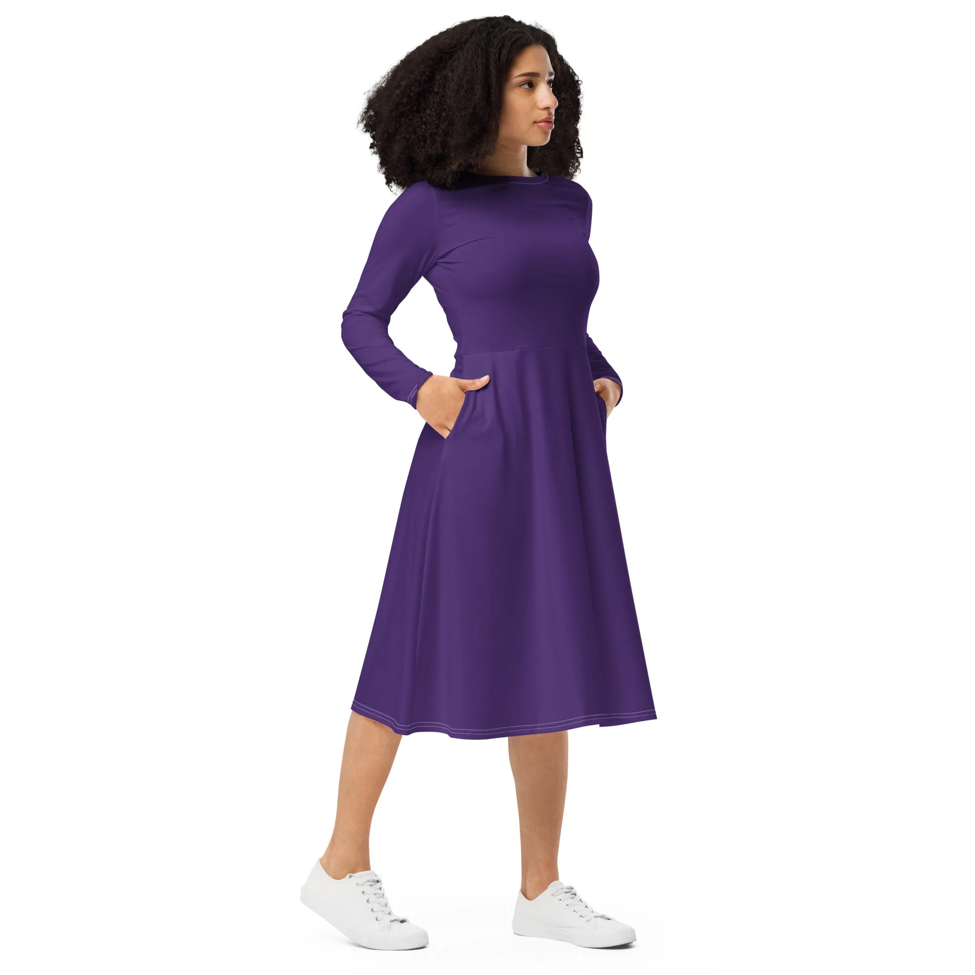 Midi Dress Long Sleeve Colour Purple (Glamourange Colour Midi Dress Long Sleeve for Women)