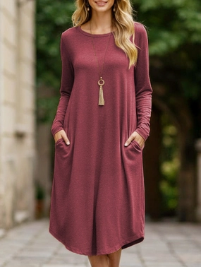 Midi-length round neck long-sleeved dress Crisp Texture