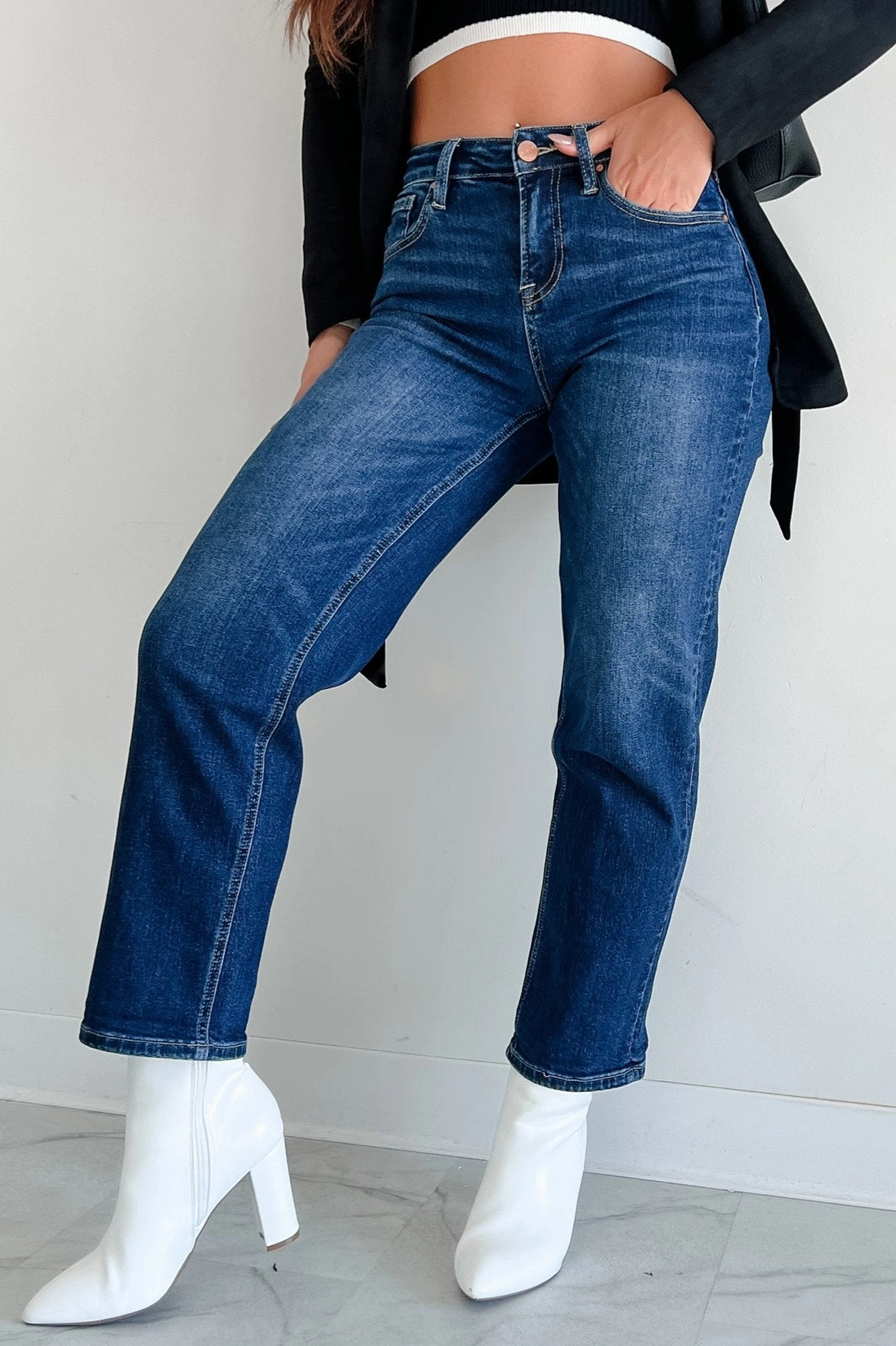 Minden High Rise Risen Boyfriend Jeans (Dark) Slim Stretch Fit Flexible Seam