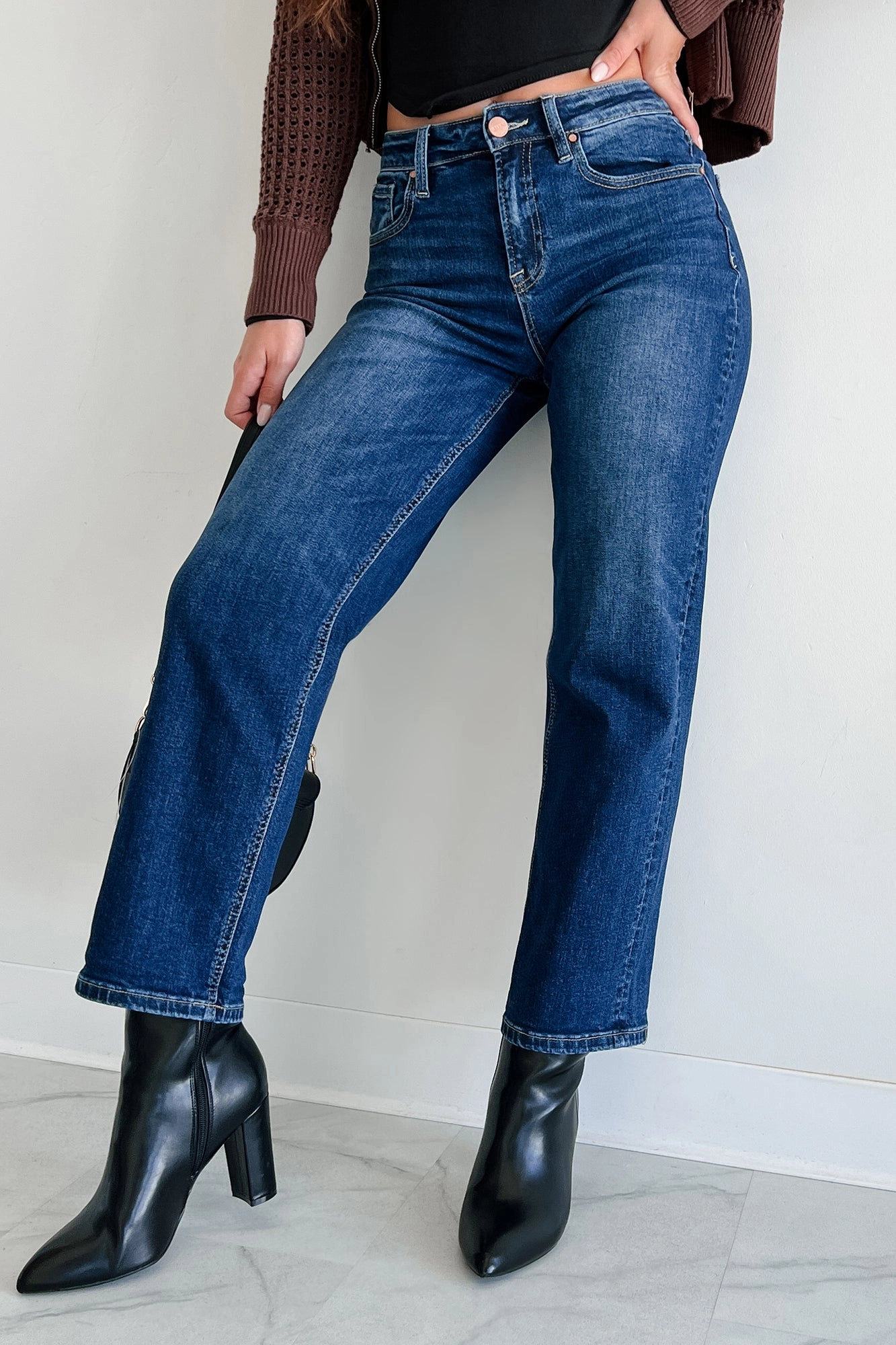 Minden High Rise Risen Boyfriend Jeans (Dark) elastic waistband Adaptable Style