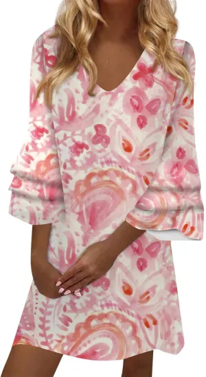 Mini Dresses for Women,2024 Spring Summer Elegant Trendy Floral Print Boho Dress,Casual Loose V Neck 3/4 Bell Sleeve Beach Dress,Romantic Flowy Ruched Sundress Hawaiian Outfits(A-Pink,S)