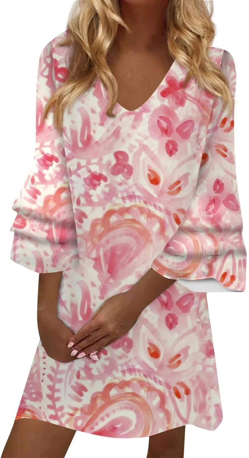 Mini Dresses for Women,2024 Spring Summer Elegant Trendy Floral Print Boho Dress,Casual Loose V Neck 3/4 Bell Sleeve Beach Dress,Romantic Flowy Ruched Sundress Hawaiian Outfits(A-Pink,S)