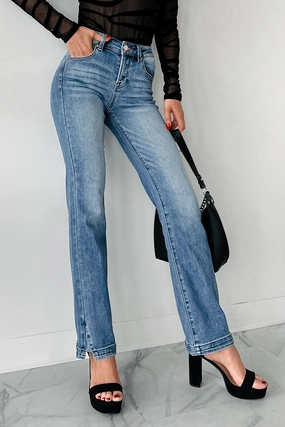 Perfect Design Moses Mid Rise Ankle Slit Straight Leg Risen Jeans (Dark)