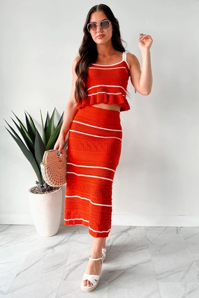 Playful & Pretty Open Knit Sweater Midi Skirt (Red Orange) Contemporary Mood